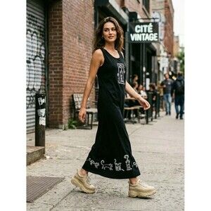 CITE Womens Vintage Black Graphic Tank Dress Maxi Sleeveless Cat Print Art Line
